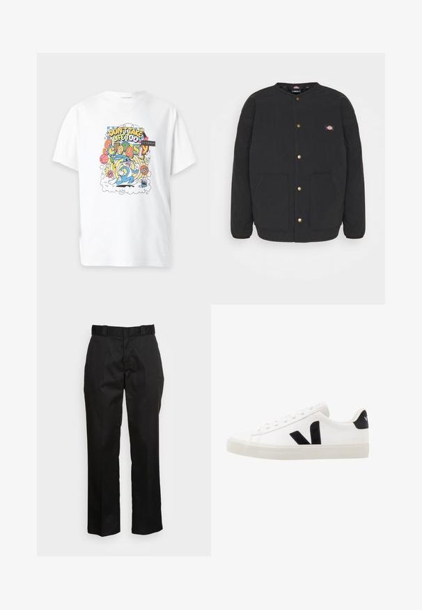 Veste matelassée noire avec un col rond, des boutons-pression dorés et deux poches avant. Présente un petit logo sur la poitrine gauche.; T-shirt blanc avec un design cartoon coloré montrant Bugs Bunny et le texte « Don’t take life too seriously » entouré d’objets ludiques.; Pantalons noirs en tissu lisse, avec une coupe droite, des passants de ceinture et deux poches latérales. Look classique sans embellissements.; Sneaker blanche en cuir avec des accents en daim noir ; dispose d'une semelle en caoutchouc, d'un bout rond et d'un design classique à lacets. Logo latéral en noir.
