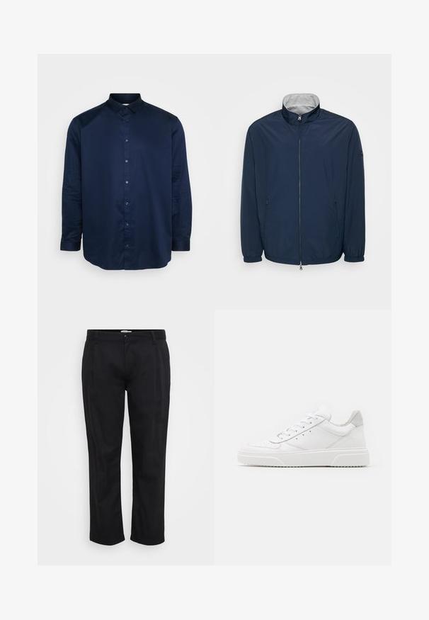 Veste légère bleu marine avec col montant, fermeture éclair frontale et poignets élastiques. Comprend des poches latérales et une texture lisse et brillante.; Chemise boutonnée bleu marine en tissu lisse, dotée d'un col classique, de manches longues et d'une patte de boutonnage avant avec des boutons assortis.; Jack & Jones Wide-leg Plus Size Wide Leg Fit - Pantalon classique - black; Des baskets en cuir blanc avec une finition lisse, un bout rond, des lacets plats et une semelle texturée. Accents en daim gris au niveau du talon.