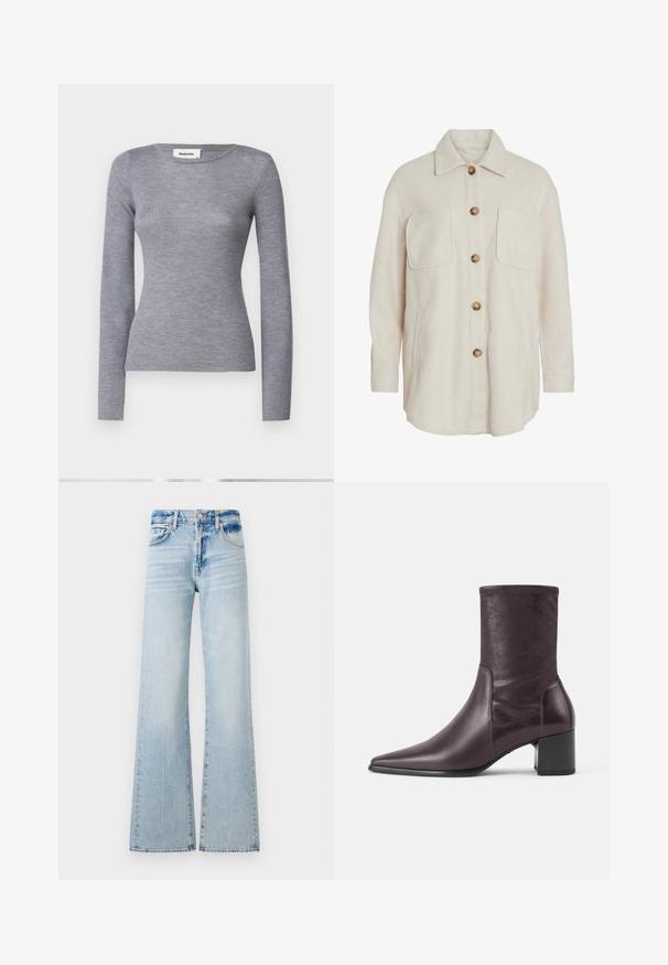 Beige uld skjortejakke med knaplukning fortil, to brystlommer og en afslappet pasform. Den har kontrasterende brune knapper og en klassisk krave.; Grå ribbet langærmet bluse med rund halsudskæring og tætsiddende silhuet. Stoffet har en glat tekstur og en subtile glans.; Lyseblå bredbenede jeans lavet af denim, med en mellemhøj talje, fem lommer og kontrastsyninger med en falmet finish.; Mørkebrun læderstøvle til midt på læggen med spids tå og blokhæl, glat finish og sømdetaljer langs siderne.