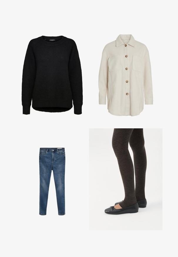 Beige wollen shirtjacket met een knoopsluiting aan de voorkant, twee borstzakken en een relaxte pasvorm. Voorzien van contrasterende bruine knopen en een klassieke kraag.; Zwarte gebreide trui met lange mouwen, ronde hals en geribbelde boorden, ontworpen voor vrouwen, van het merk Selected Femme.; Donkerblauwe denim skinny jeans met een broekhoogte van gemiddelde lengte, vijf zakken en subtiele vervaging. Voorzien van een knoop- en ritssluiting.; Benen met donkere geribbelde leggings gecombineerd met zwarte ballerina's met kleine strikdetails op een witte achtergrond.