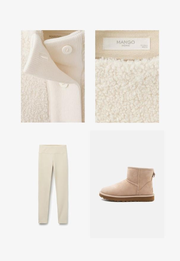 Primer plano del puño de tela acanalada color crema con dos botones blancos en un cuello de chaqueta crema texturizado y esponjoso.; Primer plano de una prenda de tela texturizada beige con una etiqueta cosida que dice Mango Home y talla EU US XS MEX CH.; Leggings beige con una cinturilla alta y ancha, fabricados con una tela suave y elástica. Diseño de pierna recta sin costuras o patrones visibles.; Botín de ante beige con punta redonda, acentos cosidos y suela de goma marrón texturizada. Presenta una pestaña en la parte trasera.