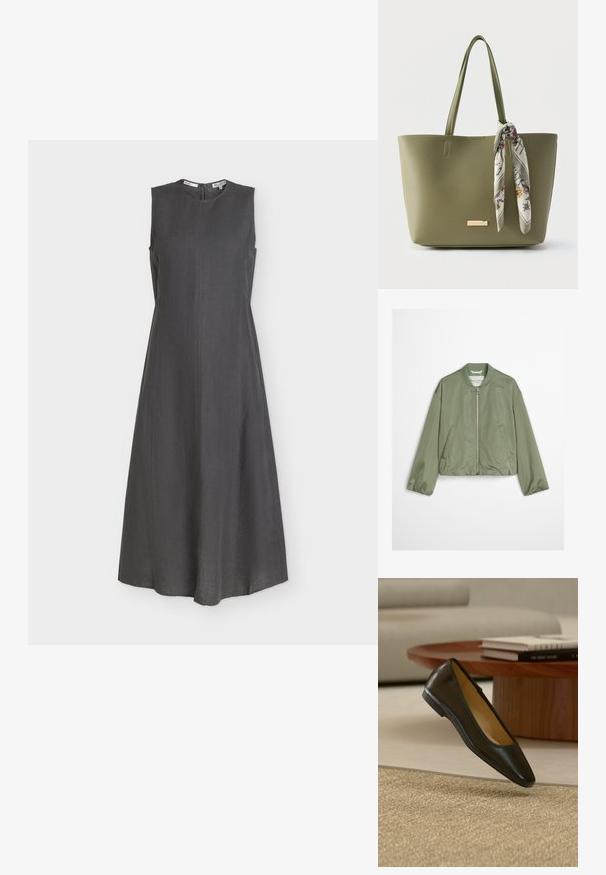 Blouson aviateur en satin vert clair avec fermeture éclair frontale, col côtelé, manches longues et poches latérales, posé à plat sur fond blanc.; Robe midi sans manches gris foncé avec un col rond haut et des détails discrets de coutures sur le devant et les côtés, fermeture éclair au dos.; Chaussure plate en cuir noir avec bout carré arrondi sur un tapis tissé beige, avec une table basse en bois et des livres empilés en arrière-plan.; Sac cabas vert olive avec double poignées et une écharpe à motif floral attachée à une poignée.