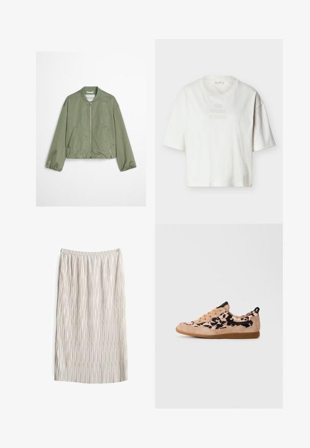 Blouson aviateur en satin vert clair avec fermeture éclair frontale, col côtelé, manches longues et poches latérales, posé à plat sur fond blanc.; T-shirt blanc à manches courtes et coupe courte avec col rond et le texte « THE FUTURE IS OURS. » imprimé légèrement sur la poitrine.; Jupe midi plissée en beige clair, dotée d'une taille élastique. Le tissu a une surface texturée avec des lignes verticales et un tombé doux.; Sneaker à profil bas avec des accents en suède beige, un tissu noir et beige à pois, des lacets beiges et une semelle en caoutchouc gomme sur fond blanc.