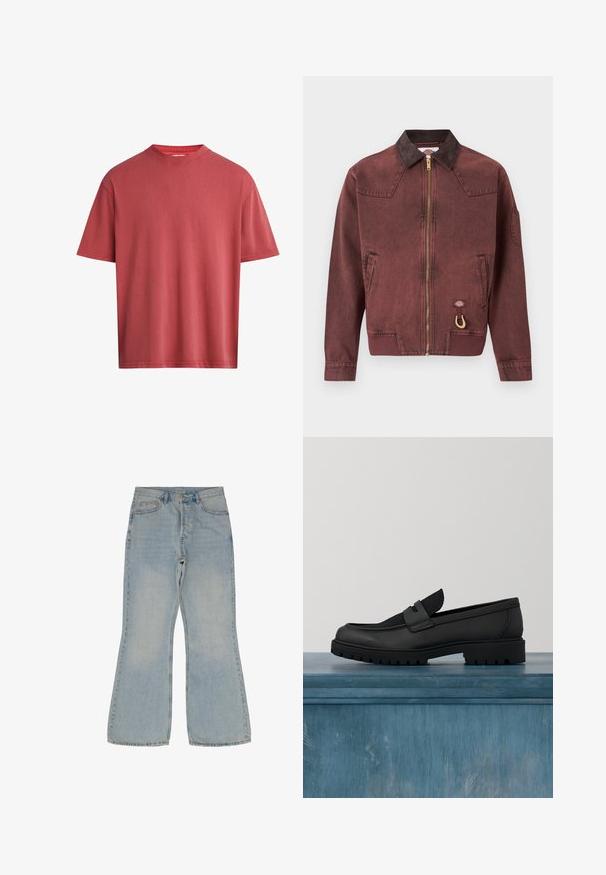 Rote Jeansjacke mit braunem Wildlederkragen, Reißverschluss, seitlichen Taschen und einem Logopatch. Gerippte Bündchen und Saum.; Rotes T-Shirt mit kurzen Ärmeln aus weicher Baumwolle. Rundhalsausschnitt mit entspanntem Schnitt und glatter Textur, mit einfachem Muster.; Helleblaue Schlagjeans aus Denim. Verfügt über fünf Taschen, einen Knopfverschluss und kontrastierende Nähte entlang der Nähte.; Schwarzer Slip-on-Schuh aus Leder mit einem strukturierten Stoffakzent, einer robusten Gummisohle und einer glatten Oberfläche. Verfügt über dezente Nahtdetails.