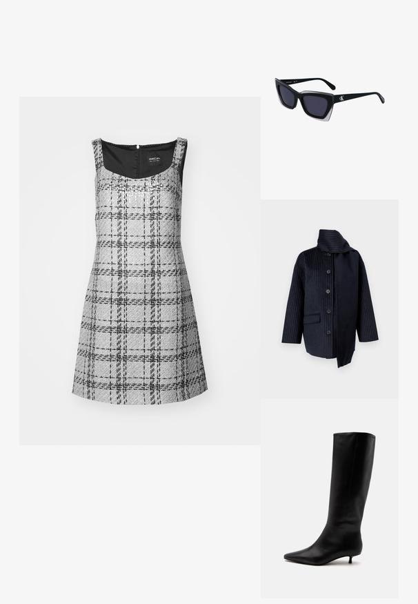 Manteau navy avec des rayures verticales, un col haut, sept boutons, une poche et un tissu contrastant d'un côté. Fabriqué en matériau texturé.; Robe à carreaux gris avec un décolleté carré, sans manches et fermeture éclair au dos. Elle présente un tissu texturé avec des accents noirs.; Botte noire en cuir jusqu'au genou avec bout pointu et petit talon kitten sur un fond clair uni.; Lunettes de soleil noires surdimensionnées avec une forme géométrique, dotées de verres foncés et d'un détail gris contrastant sur la monture. Logo sur la branche.