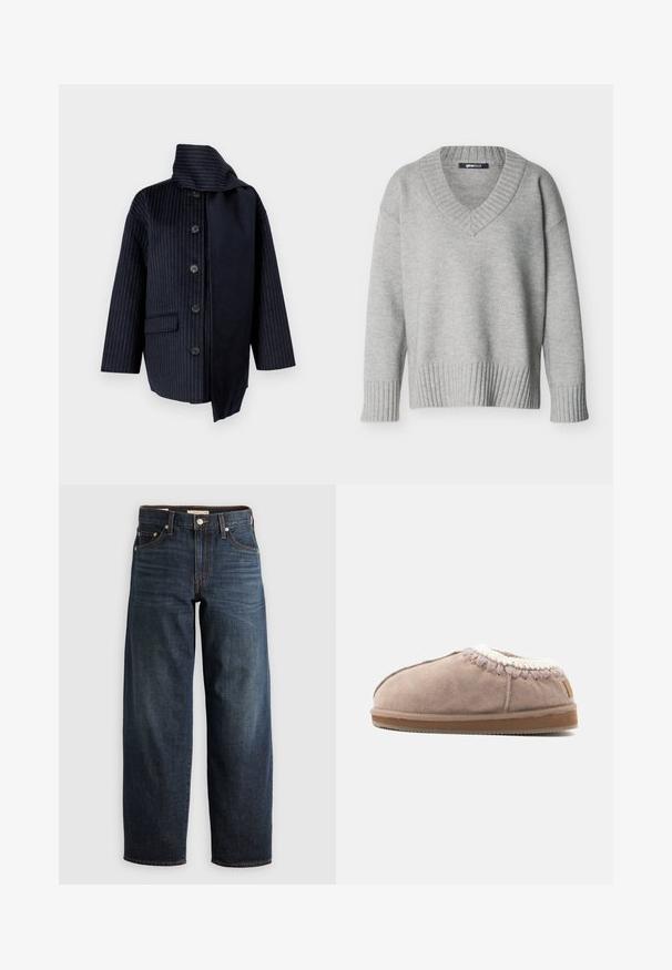 Marineblauer Mantel mit vertikalen Streifen, hohem Kragen, sieben Knöpfen, einer Tasche und kontrastierender Stoffseite. Aus strukturiertem Material gefertigt.; Hellgrauer Strickpullover mit V-Ausschnitt, gerippten Bündchen und Saum, vor einfachem weißem Hintergrund angezeigt.; Dunkelblaue Jeans aus Denim mit einem geraden Bein-Design, Fünf-Taschen-Stil und Steppnähten sowie einem Knopfverschluss.; Weiche beigen Wildlederhausschuhe mit dicker brauner Sohle und weißem Strickrand um den Knöchel, seitlich dargestellt.