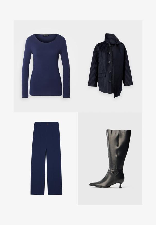 Abrigo de marina con rayas verticales, cuello alto, siete botones, un bolsillo y tela contrastante en un lado. Fabricado con material texturizado.; Camiseta de manga larga en color navy, hecha de material suave, con un escote redondo y un diseño ajustado. Sin patrones ni acentos visibles.; Pantalones de pierna ancha en azul marino, fabricados en una tela suave, con bolsillos frontales, cierre de botón y un diseño ajustado con pliegues.; Bota negra de cuero hasta la rodilla, con punta afilada y tacón bajo tipo kitten, mostrada sobre un fondo claro y sencillo.