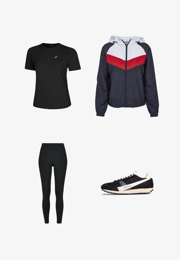 Marineblå vindjakke med hvid hætte og rød chevron-stribe på brystet. Har en frontlynlås og elastiske manchetter. Letvægts, tekstureret stof.; Sort atletisk T-shirt lavet af glat stof, med rund halsudskæring og korte ærmer. Indeholder et reflekterende logo på venstre front.; Sorte leggings med høj talje, der har hvide striber på siderne, lavet af et strækbart stof for komfort og fleksibilitet.; Sorte sneakers med overdel i mesh og ruskind, hvide logodetaljer, tekstureret overflade og en kontrasterende lyst farvet sål.