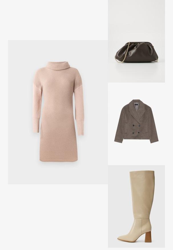 Manteau en mélange de laine marron avec un devant double boutonnage, de grands boutons noirs, des revers pointus et des poches latérales, conçu avec une longueur courte.; Robe pull en tricot torsadé rose pâle, avec un col montant, des manches longues, une texture côtelée et une silhouette ajustée.; Botte en cuir beige haute jusqu'au genou avec un bout pointu, un talon bloc texturé et une surface lisse. Détail de couture à la cheville et en haut de la tige.; Sac à main en cuir marron avec un design froncé, une bandoulière en chaîne dorée et une finition douce et texturée. Sa forme compacte est idéale pour une utilisation en soirée.
