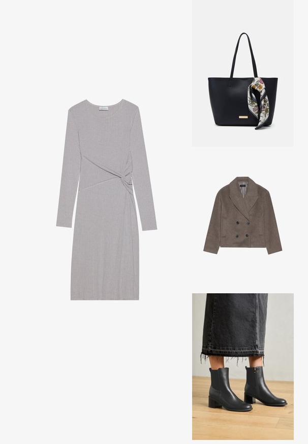 Brun uld-blandet pea coat med dobbeltbrystet front, store sorte knapper, spidse slag og sidelommer, designet med en cropped længde.; Langærmet grå ribbet kjole med et knudedesign i taljen, der har en rund halsudskæring og en tætsiddende silhuet.; Sorte læder ankelsko med rund tå og blokhæel. Har en lynlås i siden og en glat tekstur. Båret med en flosset denimnederdel.; Sort læder tote taske med to skulderremme, prydet med et blomsterprint silkeslør bundet om håndtaget og en metallisk logo detalje på forsiden.