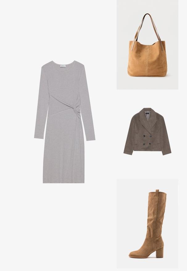 Brun uld-blandet pea coat med dobbeltbrystet front, store sorte knapper, spidse slag og sidelommer, designet med en cropped længde.; Langærmet grå ribbet kjole med et knudedesign i taljen, der har en rund halsudskæring og en tætsiddende silhuet.; Knæhøj tan ruskind støvle med blokhæl, der har syede detaljer og en strømlinet silhuet for et moderne look.; Beige ruskindtaske med lange lysebrune læderstropper, blød tekstur og enkel syning på en ensfarvet hvid baggrund.
