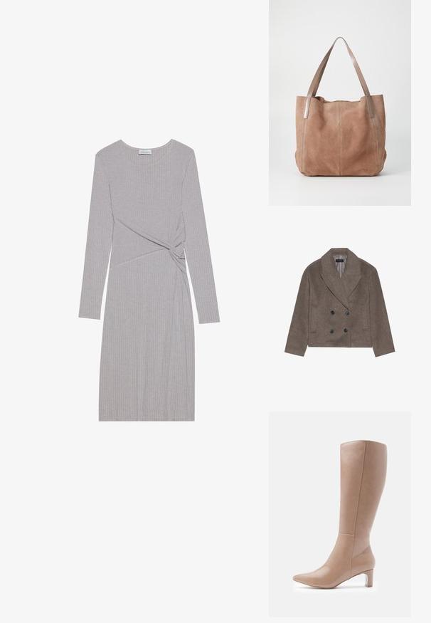 Manteau en mélange de laine marron avec un devant double boutonnage, de grands boutons noirs, des revers pointus et des poches latérales, conçu avec une longueur courte.; Robe grise à manches longues en côtes avec un design noué à la taille, dotée d'un col rond et d'une silhouette ajustée.; Bottines en cuir beige jusqu'aux genoux avec un bout pointu et un talon bloc transparent. Texture lisse et détails de couture minimalistes sur la tige.; Anna Field by Zalando LEATHER - Cabas - taupe