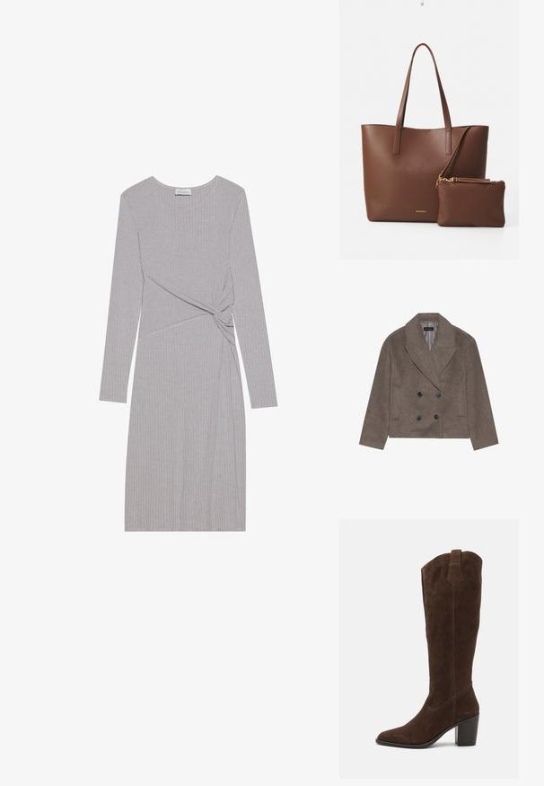 Brun uld-blandet pea coat med dobbeltbrystet front, store sorte knapper, spidse slag og sidelommer, designet med en cropped længde.; Langærmet grå ribbet kjole med et knudedesign i taljen, der har en rund halsudskæring og en tætsiddende silhuet.; Anna Field LEATHER - Højhælede støvler - brown; Brun faux læder tote taske med to lange håndtag og en matchende lille pung. Overfladen har et struktureret mønster og guldfarvede hardware detaljer.