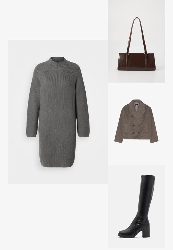 Brun uld-blandet pea coat med dobbeltbrystet front, store sorte knapper, spidse slag og sidelommer, designet med en cropped længde.; Grå strikket kjole med høj halsudskæring og lange ærmer, der har en ribbet tekstur og en løs, lige pasform. Ingen synlige mønstre eller accenter.; Sorte knæhøje støvler lavet af glat læder med en kraftig hæl og en afrundet tå. Har et sømløst design og diskrete syningsdetaljer.; Brun lakeret håndtaske med rektangulær form, to lange håndtag og subtile buede detaljer på fronten.