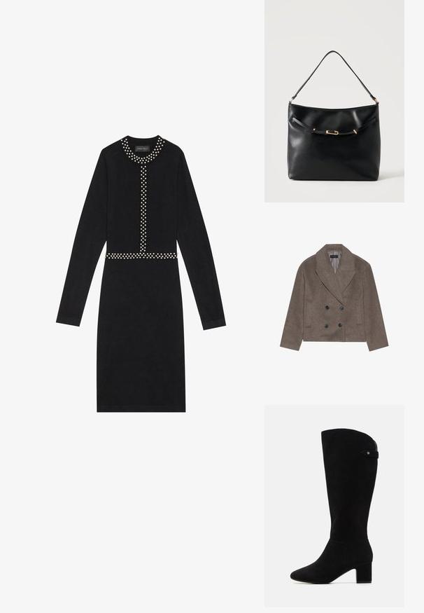 Pruun villa segu peacoat, millel on topelt nööpidega esiosa, suured mustad nööbid, teravad kraed ja küljetaskud, mille disain on lühendatud pikkusega.; Must have pikk must kudum kleit, millel on pikad varrukad, ümmargune kaelus ja keskel on pärlilaadsed kaunistused. Väga sobiv ja sirge alläär.; Mustad sametist kõrge varrega saapad, millel on terav nina ja ploki konts. Omavad sujuvat tekstuuri ja lihtsat disaini, lisatud külgrihmaga aktsent.; Mustast nahast õlakott, millel on üks rihm ja väike kuldne pandlaga detail ees heleda ühevärvilise tausta ees.