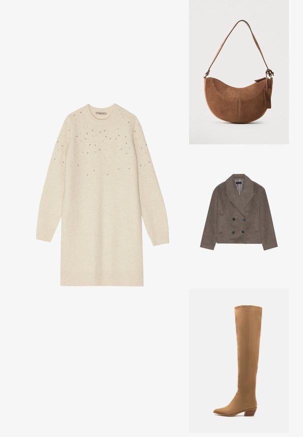 Manteau en mélange de laine marron avec un devant double boutonnage, de grands boutons noirs, des revers pointus et des poches latérales, conçu avec une longueur courte.; Robe pull tricotée couleur crème avec des manches longues, un col rond et des embellissements métalliques éparpillés sur la partie supérieure.; Bottes tan jusqu'aux genoux en matériau lisse avec un bout pointu et un petit talon empilé. Conception simple, sans motifs ni accents visibles.; Sac à main en daim marron de forme courbée en demi-lune. Il est doté d'une bandoulière, d'une petite étiquette et de coutures visibles le long des bords.
