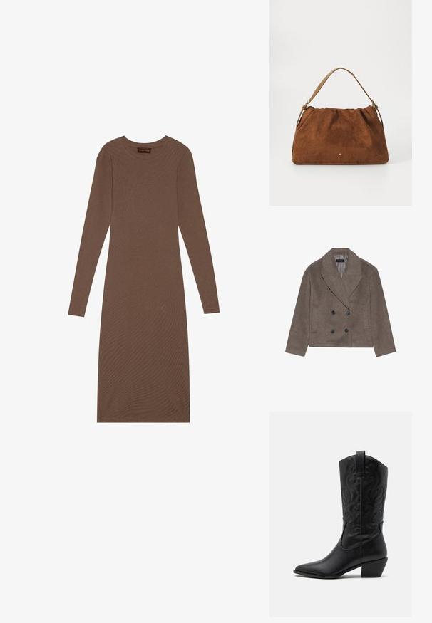 Brun uld-blandet pea coat med dobbeltbrystet front, store sorte knapper, spidse slag og sidelommer, designet med en cropped længde.; Anna Field Jerseykjole - brown; Sorte læder cowboystøvler med spids tå, præget svungen mønster og en mid-højde hæl. Har en trækflap for nemt at tage på.; Brun ruskind handbag med en samlet design, der har en enkelt tan læderstrop og en subtil guld logo detalje på fronten.
