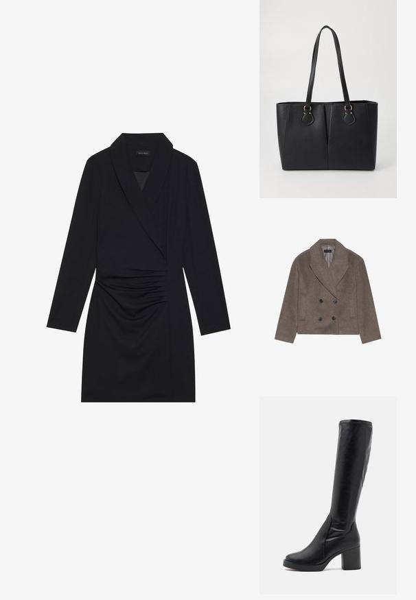 Bruine wolblend peacoat met een dubbelzijdige voorkant, grote zwarte knopen, spitse revers en zijzakken, ontworpen met een cropped lengte.; Zwarte wikkeljurk met lange mouwen, voorzien van een diepe V-hals, plooidetails bij de taille en een soepele, lichte stof.; Zwarte kniehoge laarzen van gladleer met een chunky hak en een ronde neus. Heeft een naadloos ontwerp en subtiele stiksels.; Zwarte neplederen tote bag met een gestructureerde afwerking, twee lange handvatten en goudkleurige hardware-accenten aan de zijkant. Rechthoekige vorm.