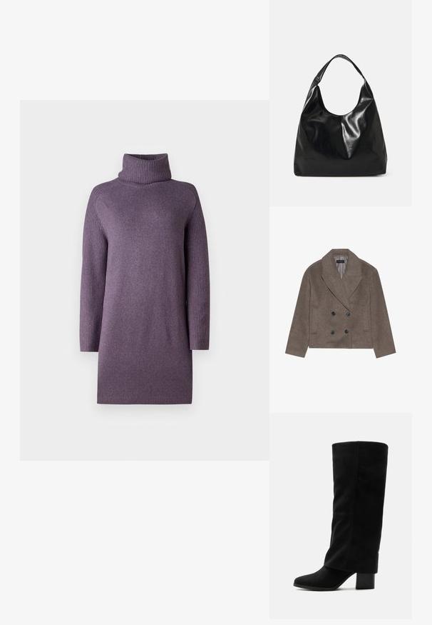 Manteau en mélange de laine marron avec un devant double boutonnage, de grands boutons noirs, des revers pointus et des poches latérales, conçu avec une longueur courte.; Pull à col roulé violet avec manches longues côtelées et texture douce. Coupe droite, détails minimalistes, et épaisseur moyenne.; Botte haute en daim noir avec un bout arrondi et un talon bloc, vue de côté sur fond blanc.; Sac hobo en cuir noir avec une texture douce et brillante et un haut ouvert arrondi. Dispose d'une large sangle courbée pour le transport. Pas de matériel visible.