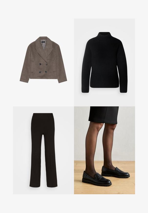 Manteau en mélange de laine marron avec un devant double boutonnage, de grands boutons noirs, des revers pointus et des poches latérales, conçu avec une longueur courte.; Pull col roulé noir en tissu côtelé. Présente des manches longues et un design ajusté avec un col plus haut. Texture douce.; Pantalons noirs à jambes larges en tissu lisse, dotés d'une taille haute ajustée et sans matériel ni motifs visibles.; Mocassins en cuir noir avec un panneau texturé, semelle en caoutchouc et bout rond, portés avec des collants noirs transparents et une jupe ajustée.