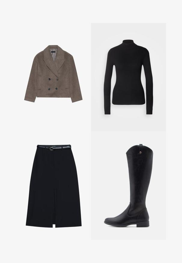 Bruine wolblend peacoat met een dubbelzijdige voorkant, grote zwarte knopen, spitse revers en zijzakken, ontworpen met een cropped lengte.; Zwarte coltrui gemaakt van lichte brei stof. Heeft lange mouwen, een aansluitend design en een zachte ribbeltextuur.; Zwarte knie-lange rok met een vooraanstaande split, gemaakt van gladde stof. Heeft een dunne zwarte riem met een zilveren gesp en riemlussen.; Kniehoge zwarte leren laarzen met een gladde textuur, ronde neus, lage blokhak en een gebogen bovenrand met een lusdetail aan de achterkant.