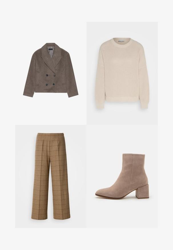 Brun uld-blandet pea coat med dobbeltbrystet front, store sorte knapper, spidse slag og sidelommer, designet med en cropped længde.; Anna Field Striktrøje - grey; Brune ternede bukser med vidde og skræddersyet pasform, der har et struktureret stof og forhåndsfolder for ekstra struktur.; Beige ruskind ankelstøvle med spids tå og en chunky kvadratisk hæl. Overfladen er glat med en blød tekstur og minimal dekoration.