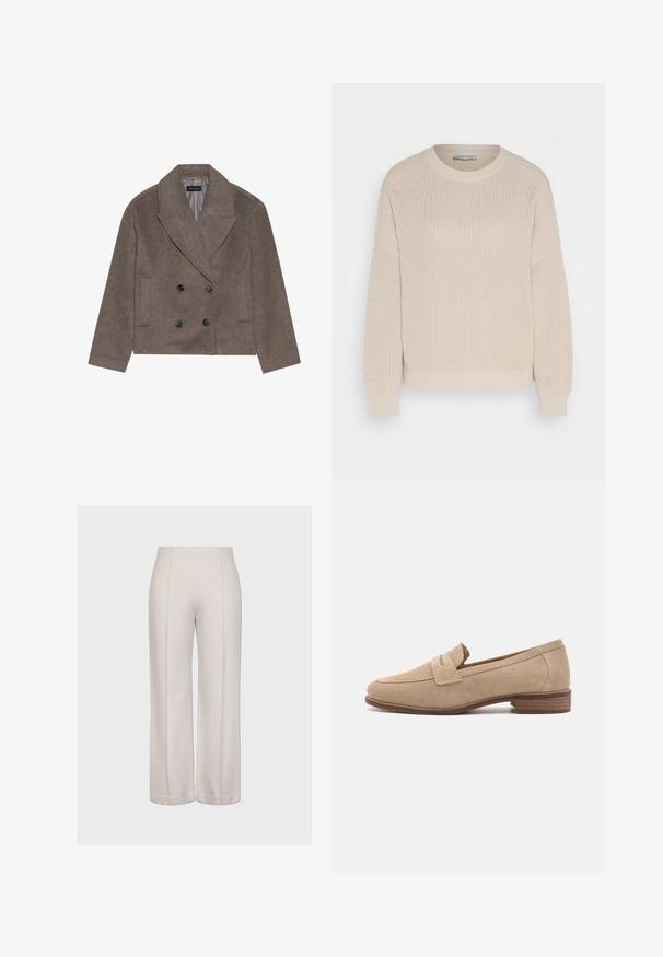 Brun uld-blandet pea coat med dobbeltbrystet front, store sorte knapper, spidse slag og sidelommer, designet med en cropped længde.; Anna Field Striktrøje - grey; Videbenede bukser i lys beige stof med en glat tekstur. Har to lodrette sømme og en ensartet, ren skæring ved kanten.; Beige ruskind loafers med en rund tå, bånddetaljer og en lav, stablet træhæl. Glat tekstur med en mat finish.