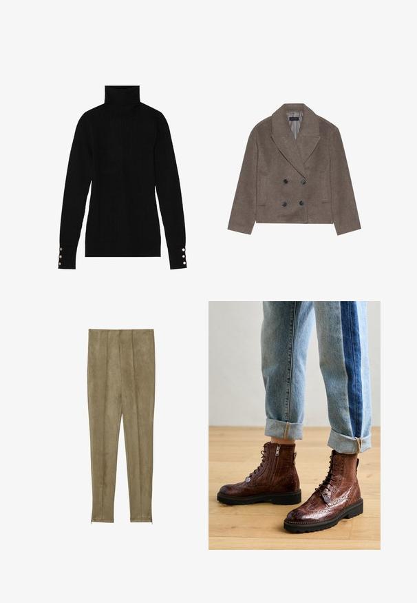 Brun uld-blandet pea coat med dobbeltbrystet front, store sorte knapper, spidse slag og sidelommer, designet med en cropped længde.; Sort turtleneck sweater med ribbet tekstur. Har tætsiddende lange ærmer med tre sølvknapper ved hver manchet.; Khaki faux suede bukser med vertikale sømdetaljer og smalle manchetter, der har en glat tekstur og en tætsiddende silhuet.; Brune læder ankelstøvler med krokodilleskindsstruktur, snørebånd, sidelukning og tyk sort gummisål, parret med opsmøgede lyseblå jeans.