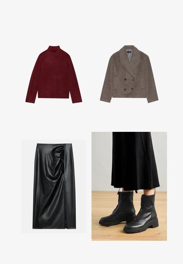 Bruine wolblend peacoat met een dubbelzijdige voorkant, grote zwarte knopen, spitse revers en zijzakken, ontworpen met een cropped lengte.; Bordeaux coltrui, gebreid, met ribbeldetails op de kraag en manchetten, met een boxy vorm en een zachte textuur.; Zwarte leren rok met een soepele textuur, voorzien van een geplooid gedeelte aan één kant en een zijspleet voor extra detail.; Zwarte leren enkelboots met een chunky platformzool en een rits aan de voorkant. Glad oppervlak met een minimalistisch ontwerp.