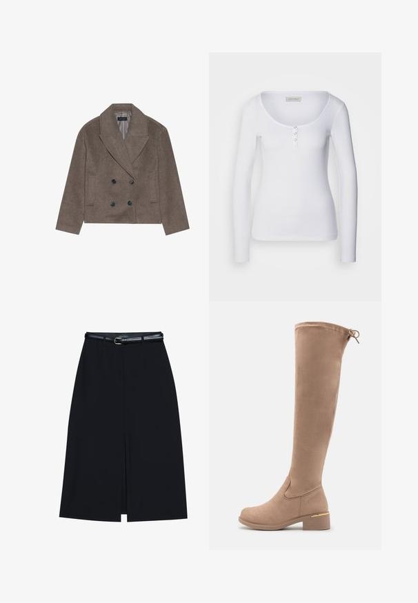 Manteau en mélange de laine marron avec un devant double boutonnage, de grands boutons noirs, des revers pointus et des poches latérales, conçu avec une longueur courte.; Haut à manches longues blanc avec un décolleté en scoop, texture côtelée et trois accents de boutons argentés sur le plastron avant.; Jupe noire à mi-cuisse avec une fente frontale, fabriquée en tissu lisse. Comprend une fine ceinture noire avec une boucle en argent et des passants.; Bottes en daim beige, montant jusqu'aux genoux, avec un bout arrondi, un talon carré et une discrète touche dorée sur le talon. Texture lisse avec un design ajusté.
