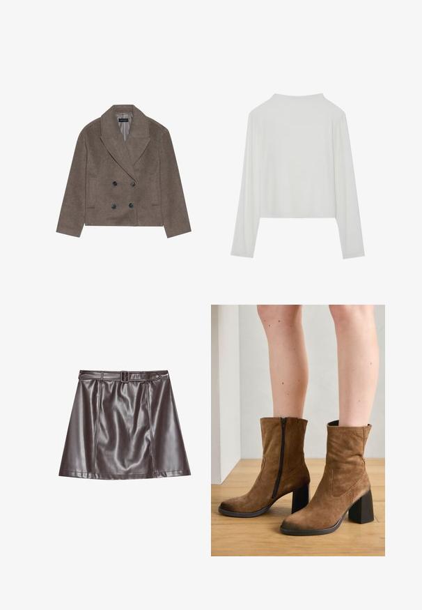 Manteau en mélange de laine marron avec un devant double boutonnage, de grands boutons noirs, des revers pointus et des poches latérales, conçu avec une longueur courte.; Haut court à manches longues blanc en tissu côtelé. Doté d'un col arrondi et d'une coupe décontractée avec une texture douce et lisse.; Mini-jupe en cuir synthétique brun avec une taille ajustée, une grande boucle de ceinture et des plis subtils, présentant une texture lisse et brillante.; Bottes chelsea en suède marron avec fermeture éclair, talons carrés et texture lisse, présentant une couture simple le long des côtés.