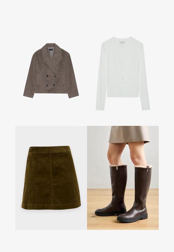 Brun uld-blandet pea coat med dobbeltbrystet front, store sorte knapper, spidse slag og sidelommer, designet med en cropped længde.; Hvid langærmet top lavet af ribbet stof, med en rund halsudskæring og en knaplukning foran med seks klare knapper.; Brun kordfløjl mini skirt med lodrette ribber, lige snit og en ren kant. Har en simpel talje uden udsmykninger.; Brune knæhøje støvler med en glat læderoverflade, imiteret pelskant øverst, lynlås i siden og en robust struktureret gummisål.