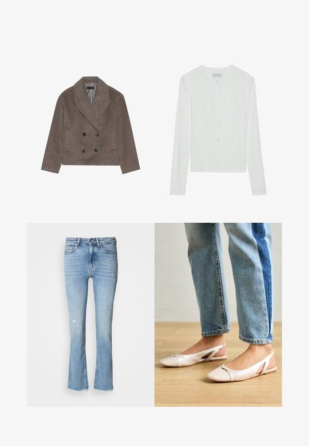 Brun uld-blandet pea coat med dobbeltbrystet front, store sorte knapper, spidse slag og sidelommer, designet med en cropped længde.; Hvid langærmet top lavet af ribbet stof, med en rund halsudskæring og en knaplukning foran med seks klare knapper.; Lyseblå denimflare jeans med slidte detaljer, fem lommer, knaplukning og frynset kant ved anklerne.; Lyserøde slingback flade sko med spidse tær, lavet af et glat læderlignende materiale. Har udskæringsdetaljer på siderne og en flad hæl.