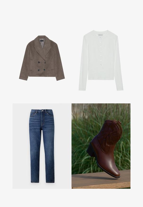 Bruine wolblend peacoat met een dubbelzijdige voorkant, grote zwarte knopen, spitse revers en zijzakken, ontworpen met een cropped lengte.; Witte lange mouwen top van ribstof, met een ronde halslijn en een knopenfront met zes doorzichtige knopen.; Hoge taille blauwe denim jeans met rechte pijpen, voorzien van subtiele wassing, sluiting met één knoop en een vijf-pocket ontwerp.; Bruine leren cowboylaars met decoratief stiksel, schuin omhoog geplaatst op een houten oppervlak met een vage groene grasachtergrond.