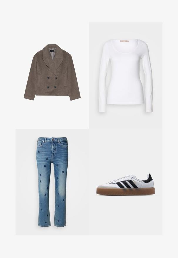 Brun uld-blandet pea coat med dobbeltbrystet front, store sorte knapper, spidse slag og sidelommer, designet med en cropped længde.; Langærmet hvid bomulds T-shirt med rund halsudskæring og tætsiddende design, med glat tekstur og uden udsmykninger.; Lysblå denimjeans med lige ben, prydet med marineblå blomsterbroderi og slitageeffekter nær lommerne og kanten.; Hvide lædersneakers med sorte striber, gummirubber sål, rund tå, snørelukning og blød grå ruskinds tåhætte.