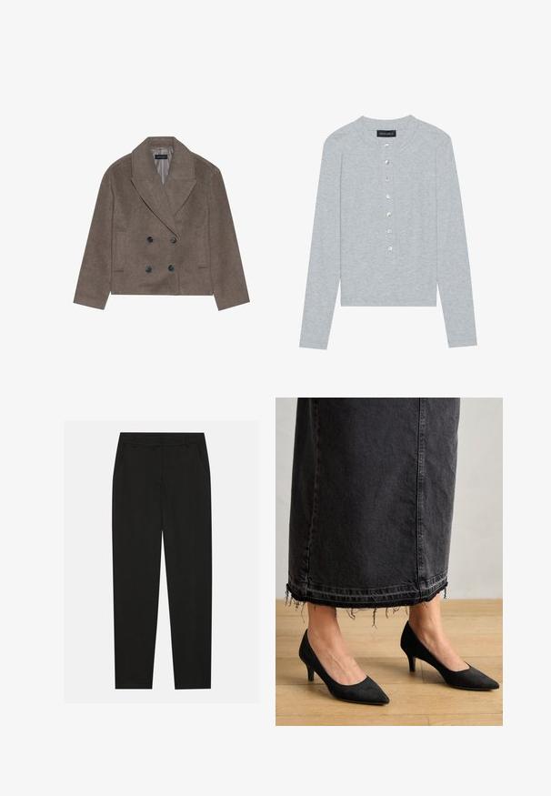 Brun uld-blandet pea coat med dobbeltbrystet front, store sorte knapper, spidse slag og sidelommer, designet med en cropped længde.; Grå cardigan med lange ærmer lavet af ribstrikket stof, med rund halsudskæring og seks frontknapper med en let glans.; Sorte bukser med en skræddersyet design, der har sidelommer og lige ben. Lavet af glat, letvægtsstof med en elegant finish.; Sorte ruskindpumps med spids tå og en 3 tommer hæl, parret med en lang, mørk denimskørt med frynset kant.