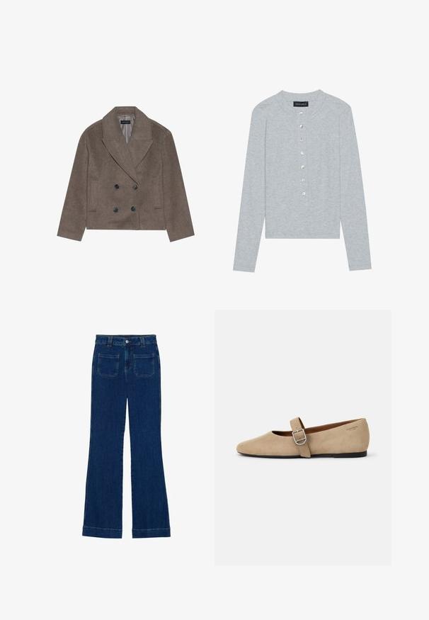 Bruine wolblend peacoat met een dubbelzijdige voorkant, grote zwarte knopen, spitse revers en zijzakken, ontworpen met een cropped lengte.; Grijze cardigan met lange mouwen van geribbelde stof, voorzien van een ronde halslijn en zes knopen aan de voorkant met een lichte glans.; Donkerblauwe denim flared jeans met een gladde textuur, vijf zakken en een knoopsluiting aan de taille.; Beige suède Mary Jane balletschoenen met een spitse neus en een enkele verstelbare band met een zilveren gesp. Zwarte platte zool.