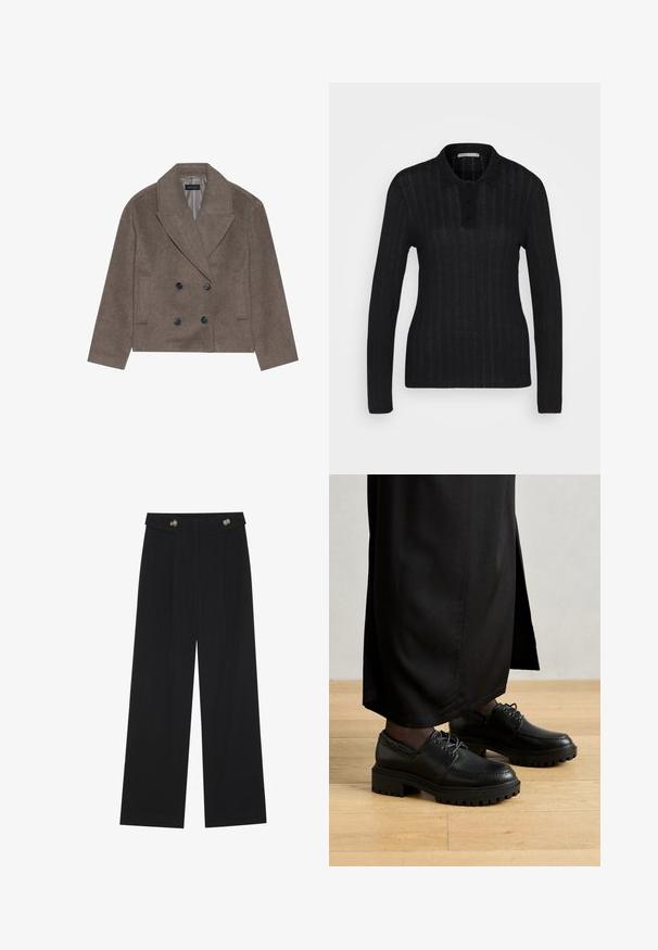 Manteau en mélange de laine marron avec un devant double boutonnage, de grands boutons noirs, des revers pointus et des poches latérales, conçu avec une longueur courte.; Anna Field Polo - black; Pantalons larges noirs à taille haute, avec des détails de boutons à la taille et des plis sur le devant.; Chaussures en cuir noir avec un bout arrondi, une semelle en caoutchouc épaisse et des lacets. Le design présente des coutures décoratives le long de la tige.