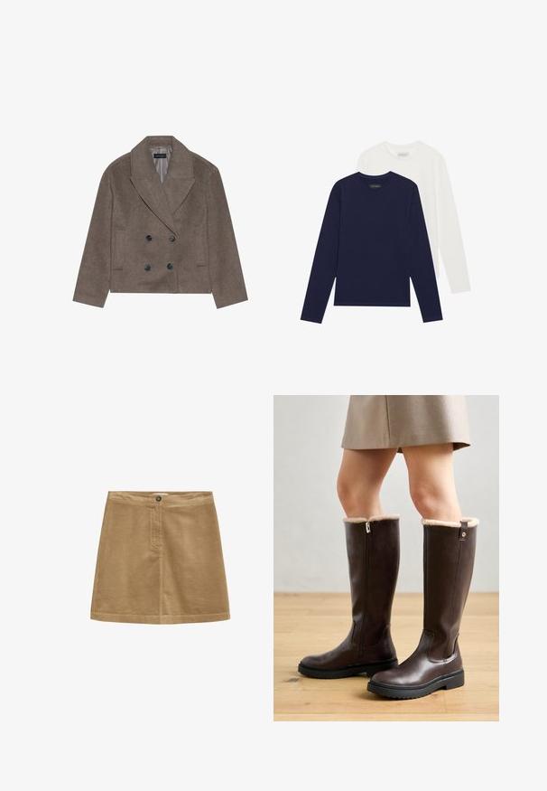 Brun uld-blandet pea coat med dobbeltbrystet front, store sorte knapper, spidse slag og sidelommer, designet med en cropped længde.; To lange ærmede t-shirts, en marineblå og en hvid, lavet af glat bomuld. Begge har rund halsudskæring og lige nederkant.; Brun fløjl mini nederdel med knaplukning, der har en vertikal ribbet tekstur og et enkelt design. Kanten er lige og velafgrænset.; Brune knæhøje støvler med en glat læderoverflade, imiteret pelskant øverst, lynlås i siden og en robust struktureret gummisål.