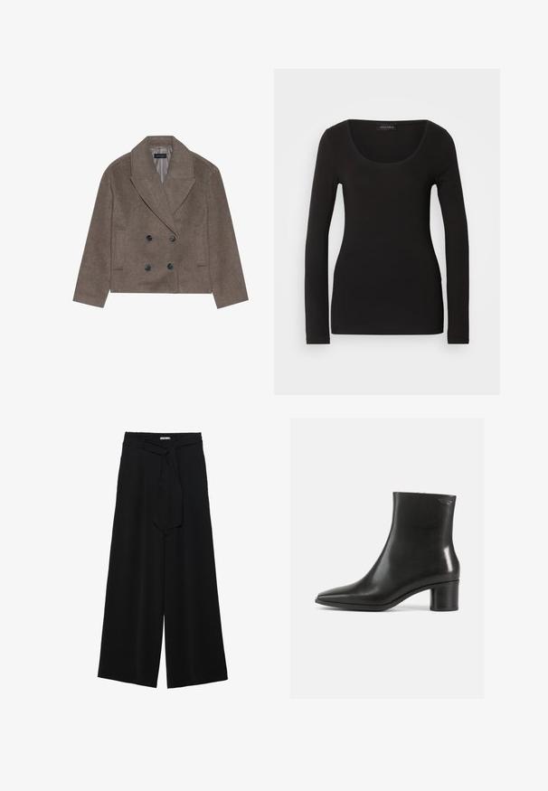Brun uld-blandet pea coat med dobbeltbrystet front, store sorte knapper, spidse slag og sidelommer, designet med en cropped længde.; Sort langærmet top med en rund halsudskæring, lavet af blødt, strækbart stof. Har en tætsiddende pasform og glat tekstur. Brandlabel synlig.; Sorte vide bukser i en tekstureret stofkvalitet, med elastisk talje og et aftageligt bånd i taljen for justerbar pasform.; Sort læderankelstøvle med spids tå og en mellemhøj blokhælk. Glat tekstur og minimalistisk design. Ingen synligt hardware.