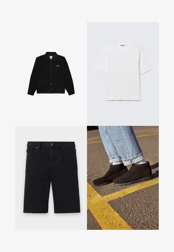 Zwarte spijkerjas met lange mouwen, knopen aan de voorkant, één borstzak en een kleine rechthoekige merkpatch aan de linkerkant.; Effen witte T-shirt met korte mouwen en ronde hals, met een klein "WEEKDAY" label aan de binnenkant van de achterkraag, weergegeven op een vlakke ondergrond.; Zwarte denim shorts met een rechte snit, vijf zakken, metalen accenten en zichtbare stiksels. Zachte textuur en eenvoudig ontwerp.; Zwarte suède enkellaarsjes met een gladde textuur, een gebogen neus en gestikte details. Combinatie met lichtblauwe opgerolde jeans en witte sokken.