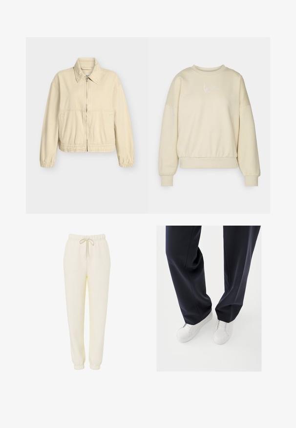 Veste courte beige en mélange de coton doux, dotée de poignets et d'une ceinture élastiques, d'une fermeture éclair frontale et de poches latérales. Design simple et épuré.; Sweatshirt beige avec un col rond, des épaules tombantes et une taille élastique. Présente un texte brodé blanc sur la poitrine. Texture de tissu douce.; Pantalon de survêtement décontracté couleur crème avec ceinture élastique et cordon de serrage, jambes effilées et poignets élastiques.; Baskets blanches avec semelles en caoutchouc texturées et lacets plats, associées à un pantalon bleu marine foncé affichant un tissu fluide et ample et une coupe ajustée.