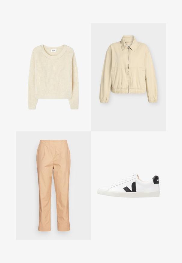 Beige cropped jack in een zachte katoenmix, met elastische boorden aan mouwen en taille, een rits aan de voorkant, en zijzakken. Eenvoudig, strak ontwerp.; Gebreide trui in roomkleur met een ronde hals en geribbelde structuur, voorzien van lange mouwen en een losse pasvorm. Geen zichtbare hardware of patronen.; OPUS MAILI - Broek - sweet almond; Witte sneaker met een zwart V-logo, voorzien van een gladleren bovenwerk, ronde neus, vetersluiting en een contrasterende zwarte hieltab.