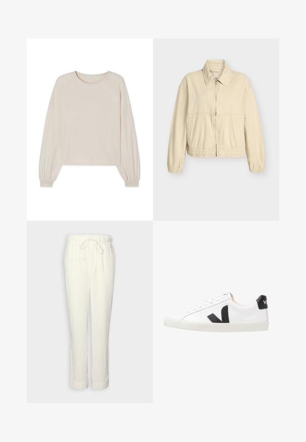 Beige cropped jakke i en blød bomuldsblanding med elastiske manchetter og taljebånd, lynlås foran og sidelommer. Simpelt, rent design.; Lys beige cropped sweater lavet af blødt stof, med rund halsudskæring og lange pufærmer med elastiske manchetter. Ingen mønstre eller pynt.; Hvide, elastiske bukser med en snor i taljen. Har en lige pasform og opfoldede kanter. Fremstillet af et glat, let materiale.; Hvide sneakers med et sort V-logo, der har en glat læderoverdel, rund tå, snørrelukning og en kontrasterende sort hælflap.