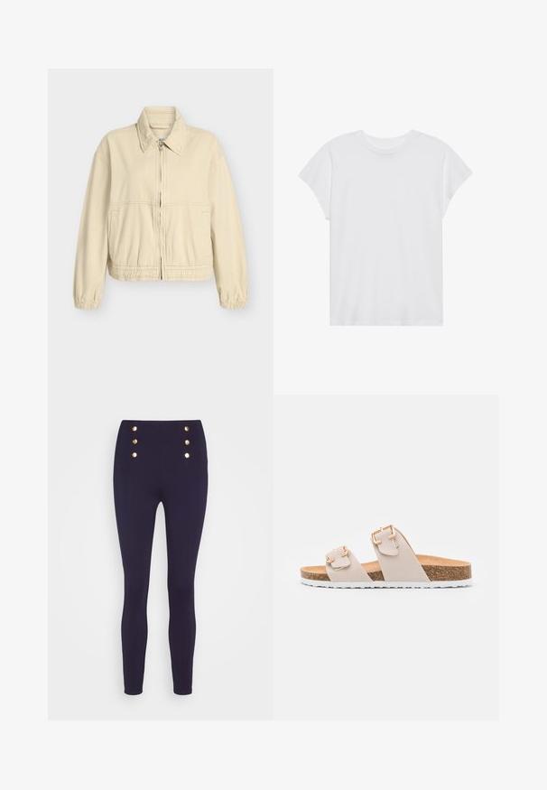 Beige cropped jakke i en blød bomuldsblanding med elastiske manchetter og taljebånd, lynlås foran og sidelommer. Simpelt, rent design.; Hvid kortærmet t-shirt med rund hals, afslappet pasform, lavet af blødt bomuldsstof. Glat tekstur, ingen mønstre eller logoer.; Marineblå højtaljede bukser lavet af strækbart stof, med gyldne knapdetaljer foran, der snævrer ind til anklen.; Beige slidesandaler med to justerbare stropper og guldfarvede spænder. Korksål med en struktureret hvid gummisål.