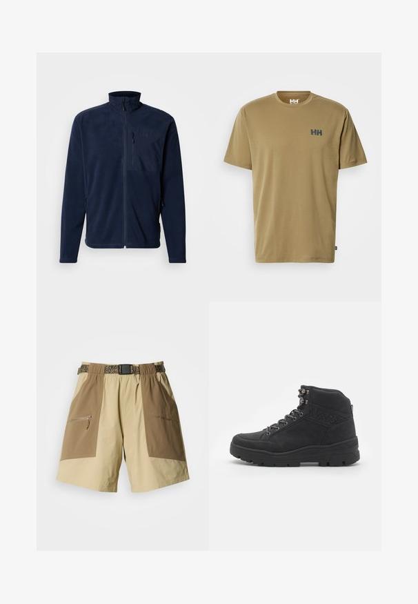 Marineblauwe fleecejas met een hoge kraag, ritssluiting aan de voorkant en een borstzak; voorzien van zijzakken en een gladde textuur. Logo op de zak.; Korte mouw T-shirt van lichtbruin katoen, met een ronde halslijn en een klein donkerblauw logo op de linkerborst. Gladde textuur.; Beige en zandkleurige cargoshorts met twee grote zijzakken, een zak met rits en een riem met patroon. Gemaakt van lichtgewicht stof.; Zwarte mid-ankel laarzen van suede. Voorzien van metalen oogjes, veters en een gestructureerde rubberen zool met een versterkte hiel.