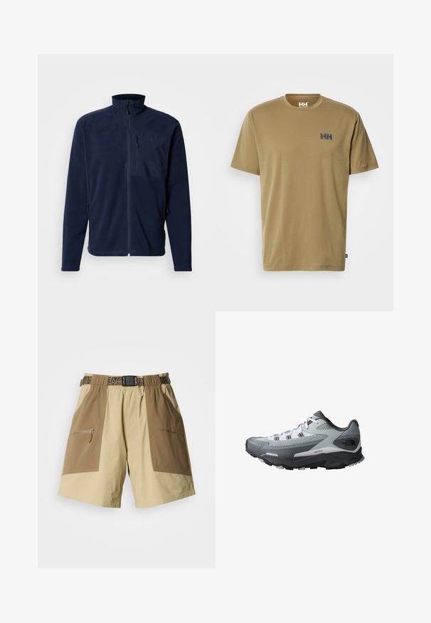 Marineblauwe fleecejas met een hoge kraag, ritssluiting aan de voorkant en een borstzak; voorzien van zijzakken en een gladde textuur. Logo op de zak.; Korte mouw T-shirt van lichtbruin katoen, met een ronde halslijn en een klein donkerblauw logo op de linkerborst. Gladde textuur.; Beige en zandkleurige cargoshorts met twee grote zijzakken, een zak met rits en een riem met patroon. Gemaakt van lichtgewicht stof.; Trailrun schoenen met een grijs en zwart kleurenschema, bovenwerk van gaas, stevige zool en gestructureerde accenten voor grip.