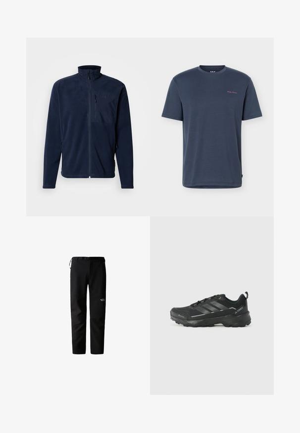 Marineblauwe fleecejas met een hoge kraag, ritssluiting aan de voorkant en een borstzak; voorzien van zijzakken en een gladde textuur. Logo op de zak.; Navyblauw T-shirt met korte mouwen en ronde hals, met een klein roze "Helly Hansen" logo op de linkerborst.; Zwarte outdoorbroek met een strak ontwerp, gemaakt van een duurzame, lichtgewicht stof. Voorzien van een riem, zijzakken en een logo op de dij.; Zwarte sportschoen met een gestepeld stoffen bovenwerk, drie zilveren strepen, versterkte neus en een robuuste rubberen zool voor tractie.