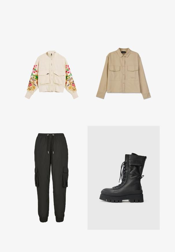 Beige bomber-takki, jossa on korkea kaulus, kaksi etutaskua ja eloisat kukkaompeleet punaisena, vaaleanpunaisena, vihreänä, sinisenä ja kullanvärisenä hihoissa.; Beige pitkähihtinen paita, joka on valmistettu pehmeästä kankaasta. Siinä on nappisuljenta, kaksi rintataskua ja suora helma. Hienovarainen logo kirjailtuna etuosassa.; Mustat cargo-housut, jotka on valmistettu kevyestä materiaalista, jossa on joustava vyötärö, säädettävä nyöri, sivutaskut ja ribbyted hihansuut.; Musta nahkainen taistelukenkä, jossa on korkea varsi, nauhakiinnitys edessä, teksturoituja yksityiskohtia, paksu pohja ja ommeltu viimeistely. Varustettu takaosan vetolenkillä.