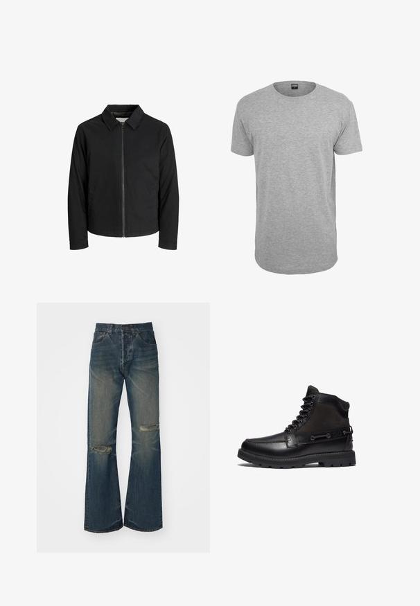 Schwarze Jacke aus glattem Stoff mit kragenförmigem Ausschnitt, Frontreißverschluss und zwei seitlichen Taschen. Einfaches Design ohne sichtbare Muster.; Graues Baumwoll-T-Shirt mit Rundhalsausschnitt, kurzen Ärmeln, geradem Saum und einer weichen Textur; minimales Branding ist am Ausschnitt sichtbar.; Blaue Denim-Jeans im Schlagstil mit verblassten Akzenten und Knieflicken. Sie verfügen über einen High-Waist-Schnitt und ein Fünf-Taschen-Design, abgeschlossen mit einem Knopfverschluss.; Timberland BRITTON ROAD EYE MOC-TOE - Schnürstiefelette - black